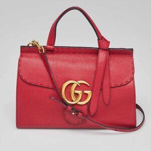 Gucci Red Pebbled Leather Marmont Top Handle Bag